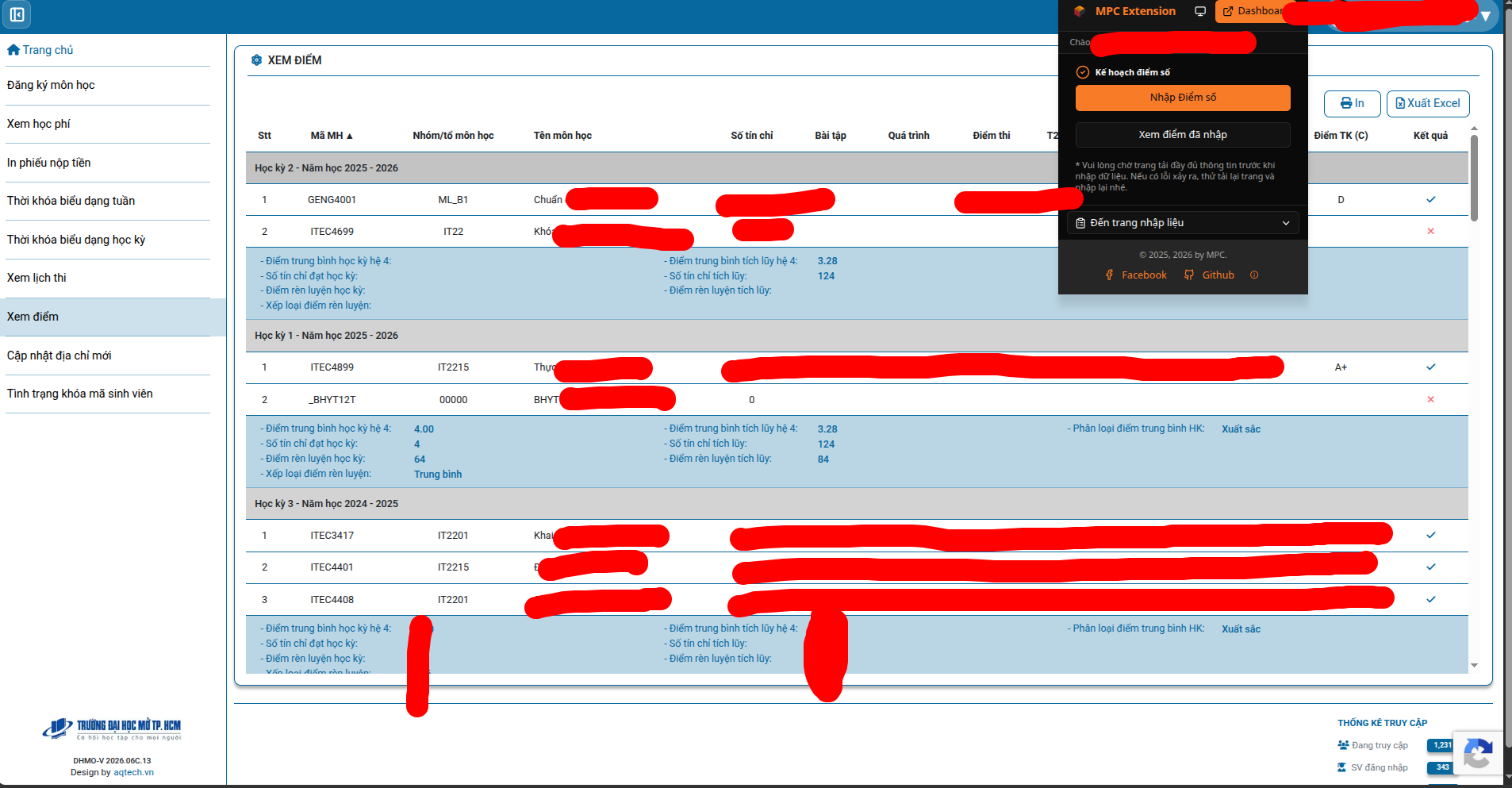 The process of importing grades from the student portal into MPC Extension