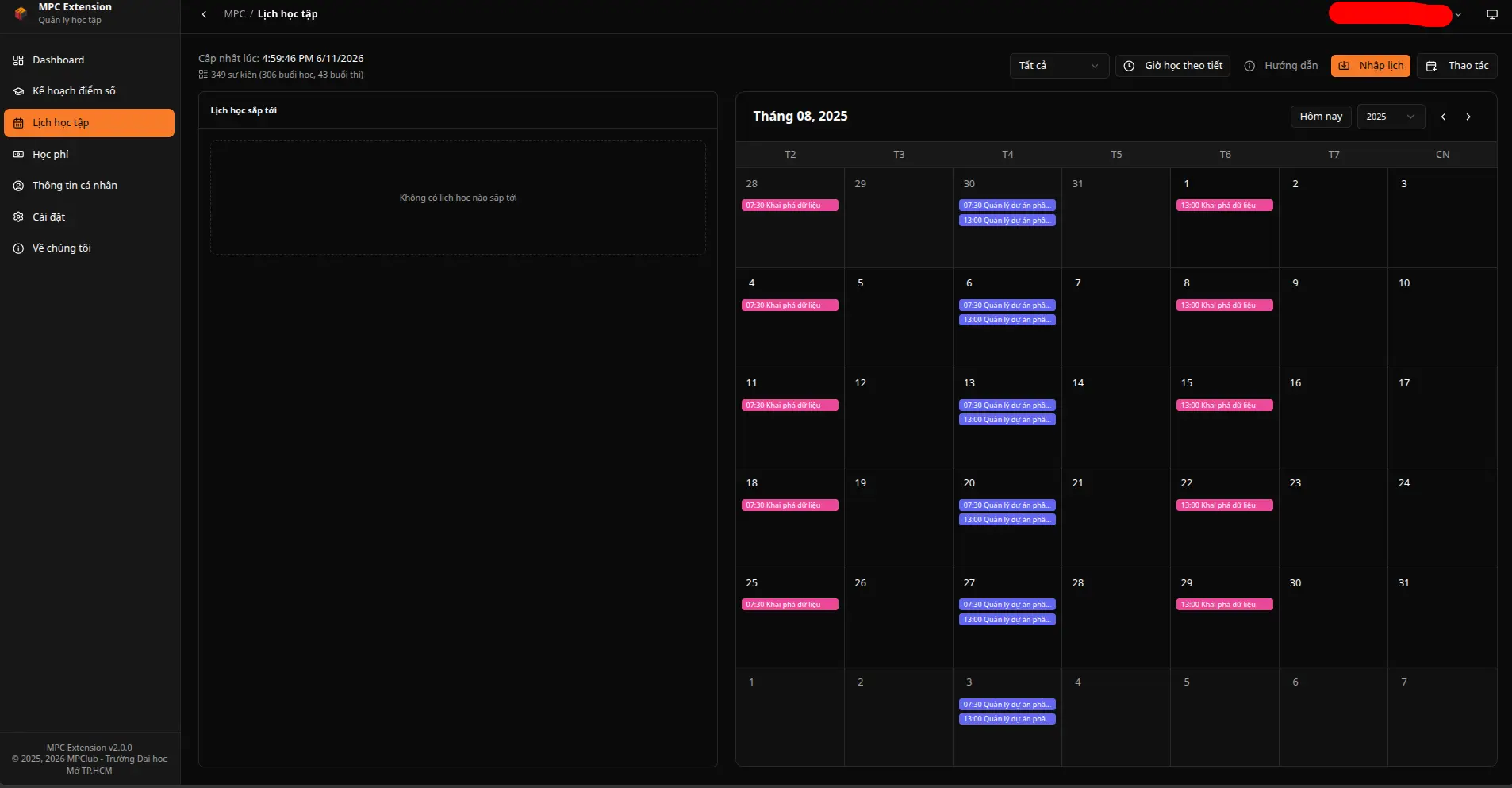 Class and exam schedule interface